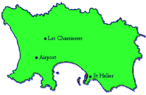 map showing the position of Les Charrieres relative to St Helier and the airport